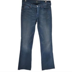 7 For All Mankind Blue Distressed Mid-Rise Flare Raw Hem Coated Jean Pant 28 NWT